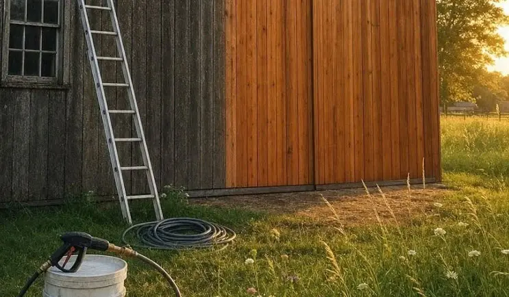 Power-washing Cedar barn after a power washing